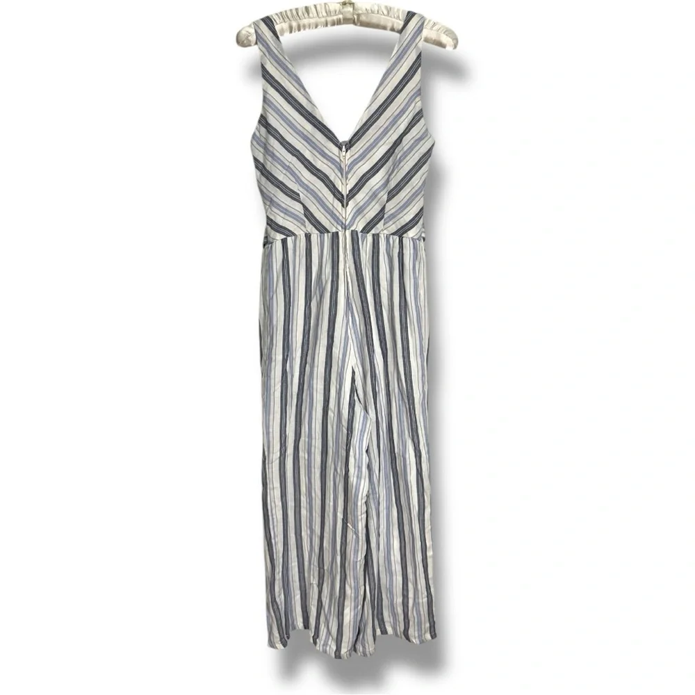 NEW Crystal Sky Blue White Jumpsuit Striped Wide Leg Flowy Cropped Romper Sz S - Picture 6 of 12